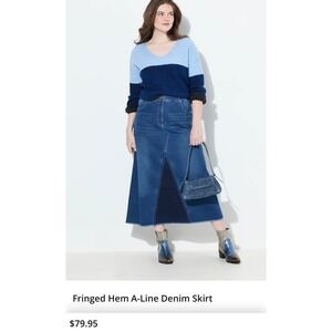 NWT Ulla Popken Womens PluS 24W A-Line Fringed Hem Denim Maxi Skirt Blue X123